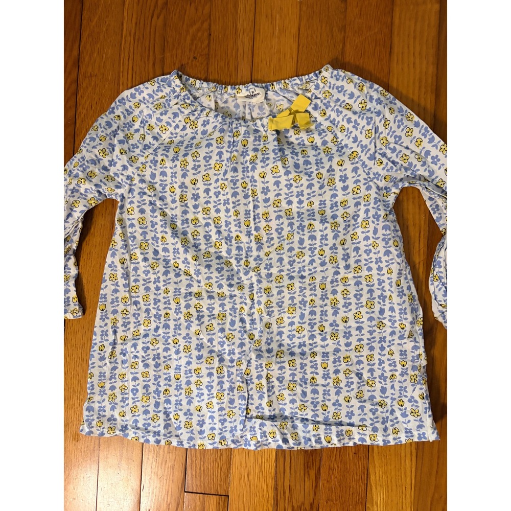 Mini Boden Girls Blue Yellow Floral Cotton Tunic Top Bow Accent Size 7-8Y